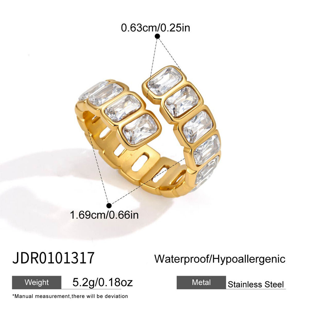 Luxurious Rectangle Stainless Steel Waterproof Gold Color Zircon Women's Gemstone Rings