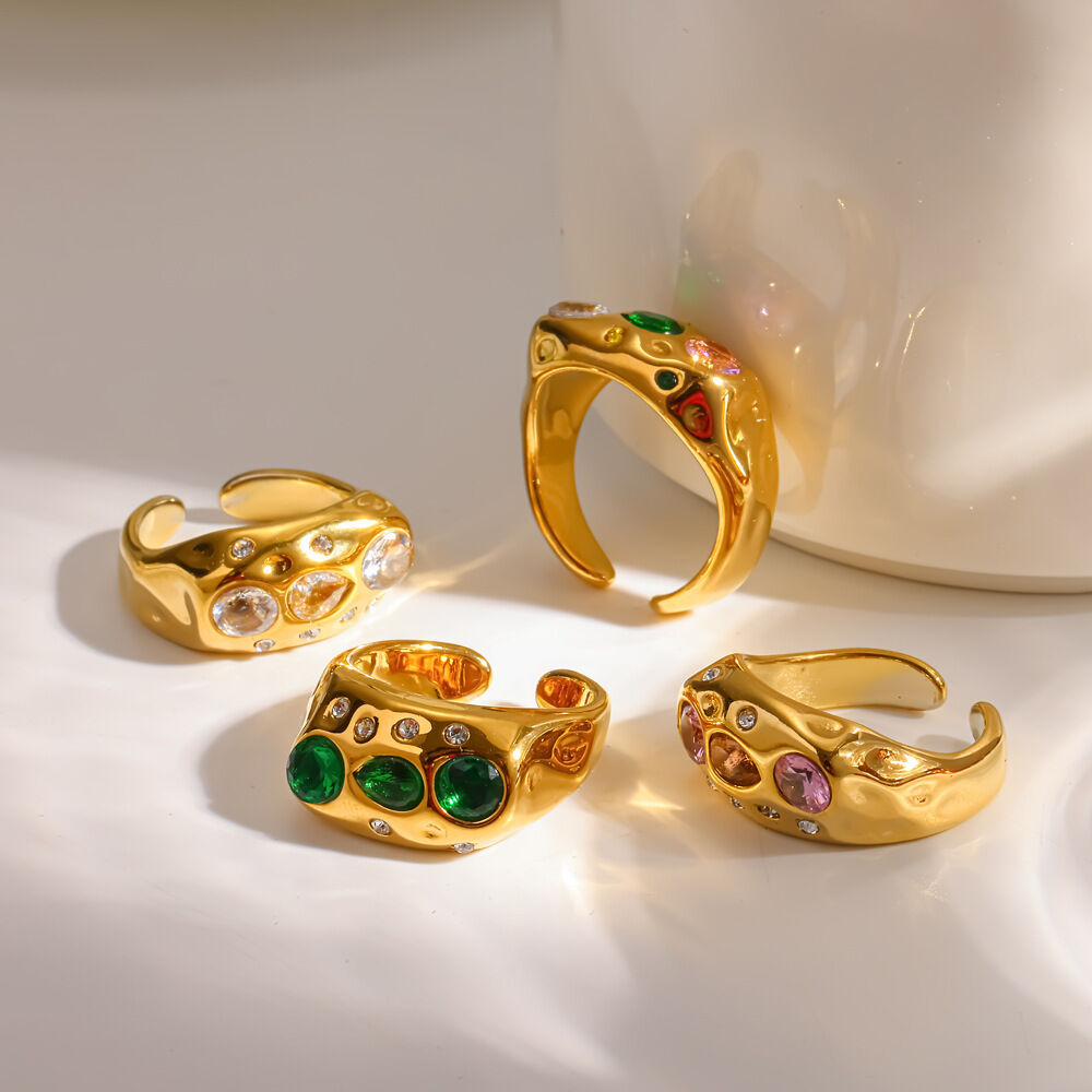 Luxurious Stainless Steel Waterproof Gold Color Rhinestone Women's Gemstone Rings