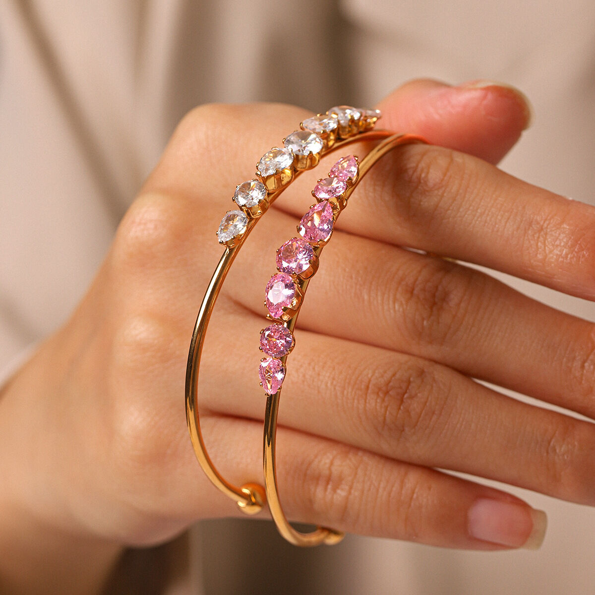 Simple  Circle Ellipse Shape Stainless Steel Waterproof   Gold Color  Zircon Women's Bangles h5 Picture3