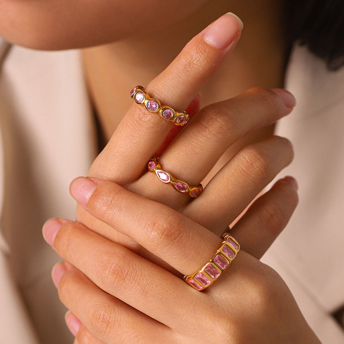 Luxury Circle Stainless Steel Waterproof Gold Color Zircon Women's Gemstone Rings