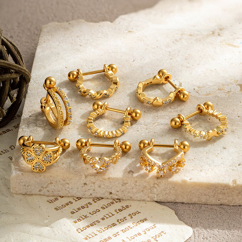 Luxury Series Simple Heart Leaf Copper   Gold Color  Zircon Women's Piercing Earrings h5 Picture4