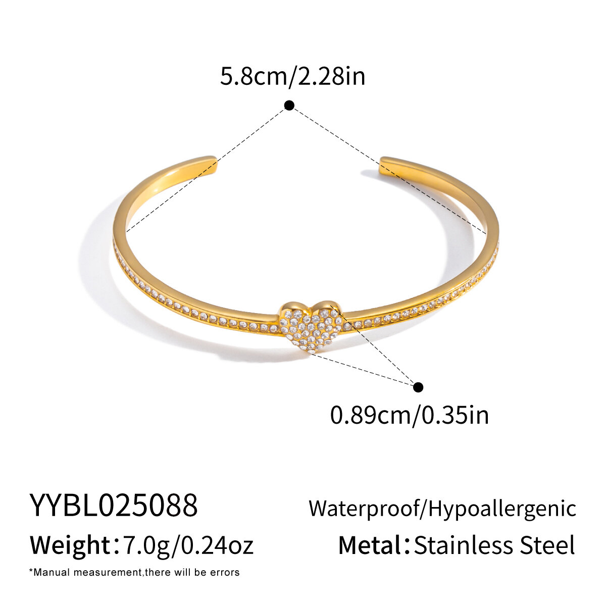 Heart Stainless Steel Waterproof Gold Color Women's Cuff Bracelets 