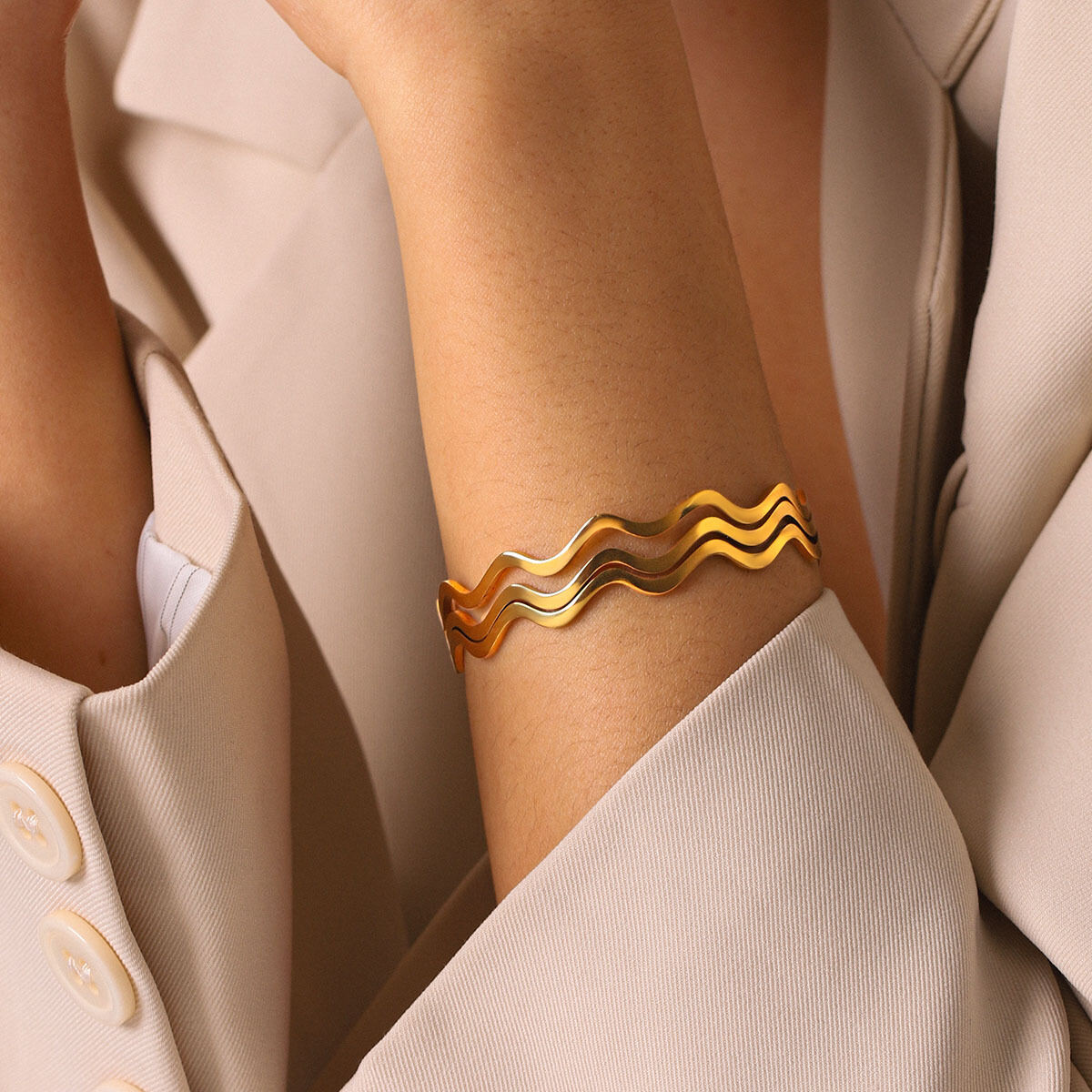 Simple Series Daily Lines Stainless Steel Waterproof   Gold Color  Women's Cuff Bracelets h5 Picture3