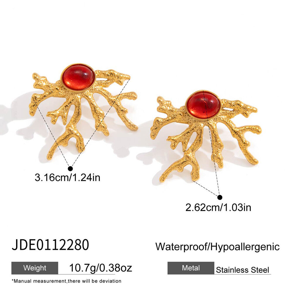 Retro Oceanic Style Coral Stainless Steel Waterproof Gold Color Artificial Gemstone Women's Necklaces Sets
