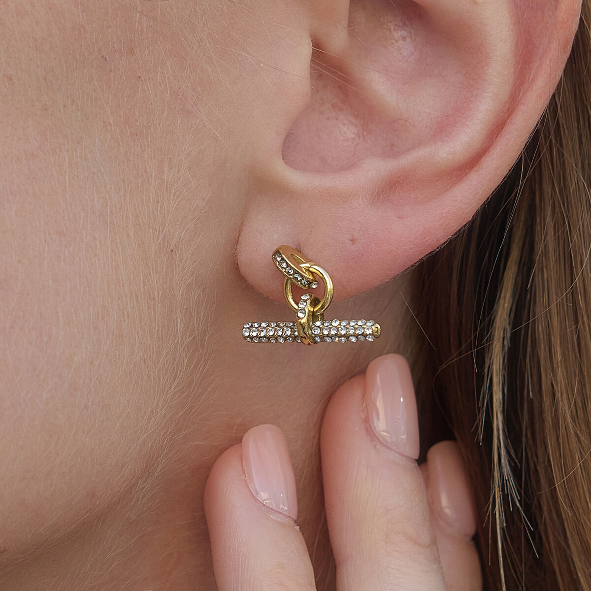 T-shape Stainless Steel Waterproof Gold Color Rhinestone Women's Drop Earrings