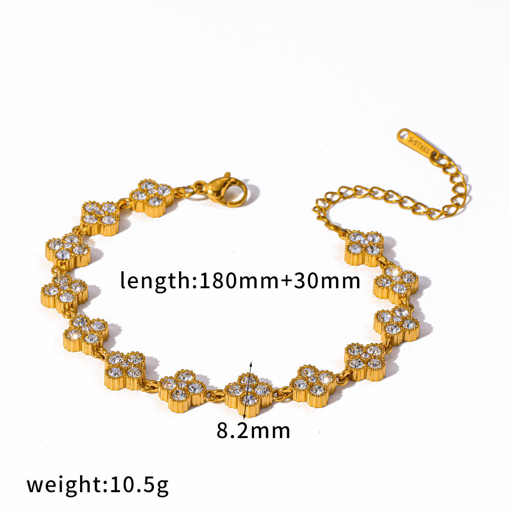 Luxurious Flower Stainless Steel Waterproof Gold Color Rhinestone Women's Chain Bracelets
