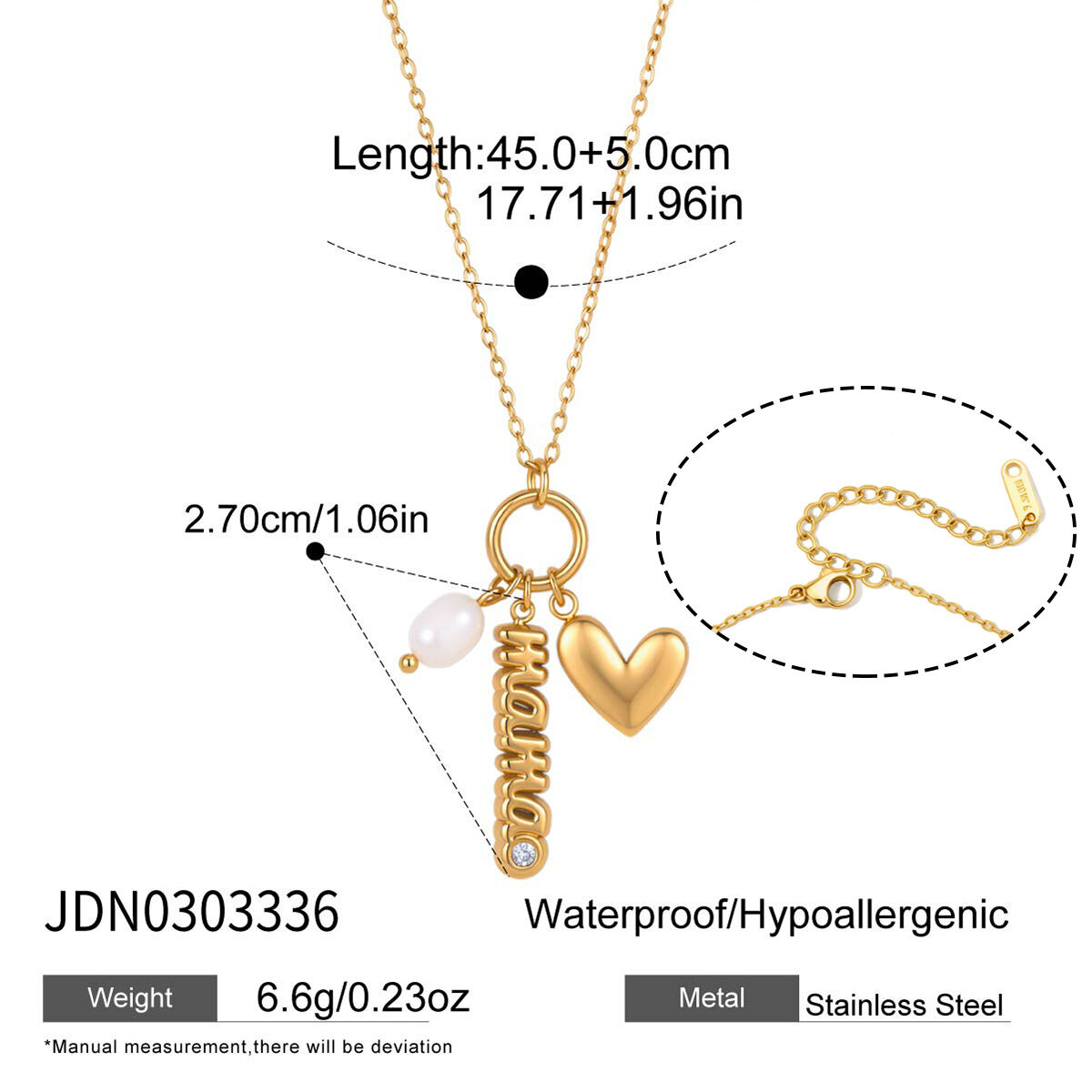 Simple Letter Heart Stainless Steel Waterproof Gold Color Rhinestone Women's Pendant Necklaces 