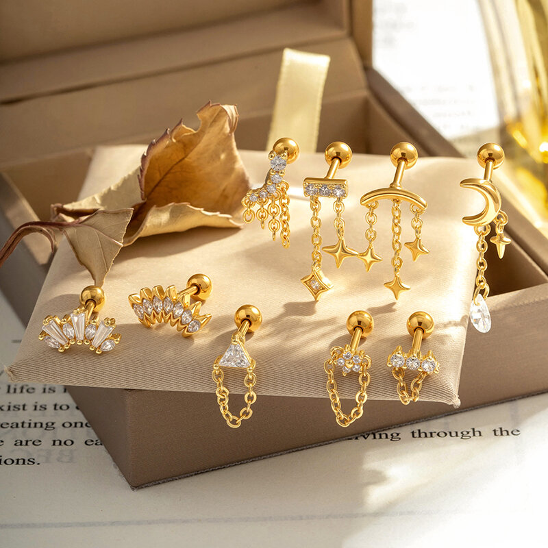 Simple Flower Triangle Moon Copper  Gold Color  Zircon Women's Piercing Earrings h5 Picture4