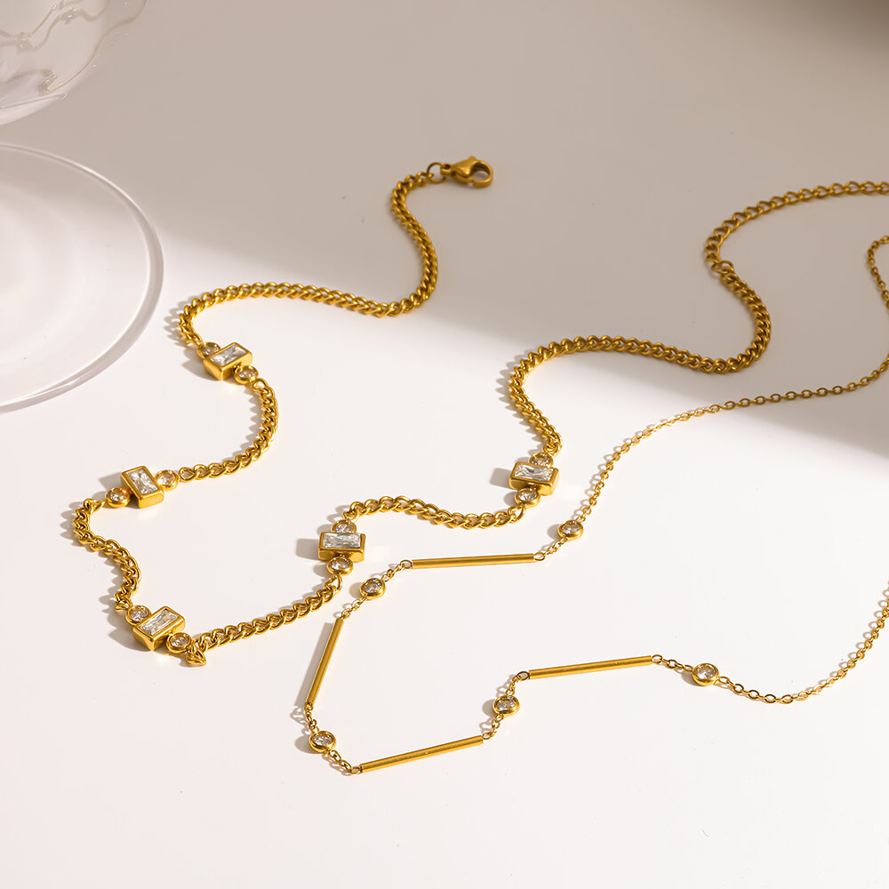 Simple  Chain Geometric Shape Stainless Steel Waterproof   Gold Color  Zircon Women's Pendant Necklaces h5 Picture3