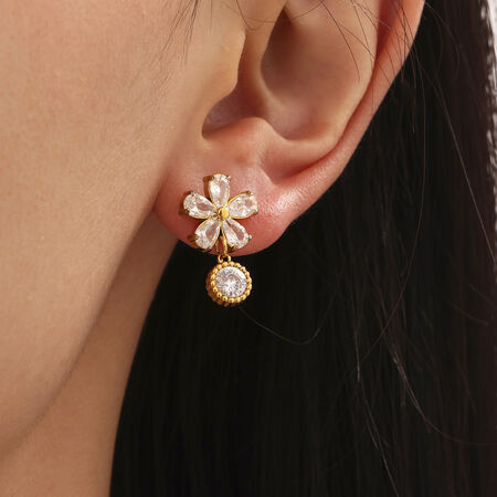 Sweet Flower Stainless Steel Waterproof Gold Color Zircon Women's Drop Earrings 2