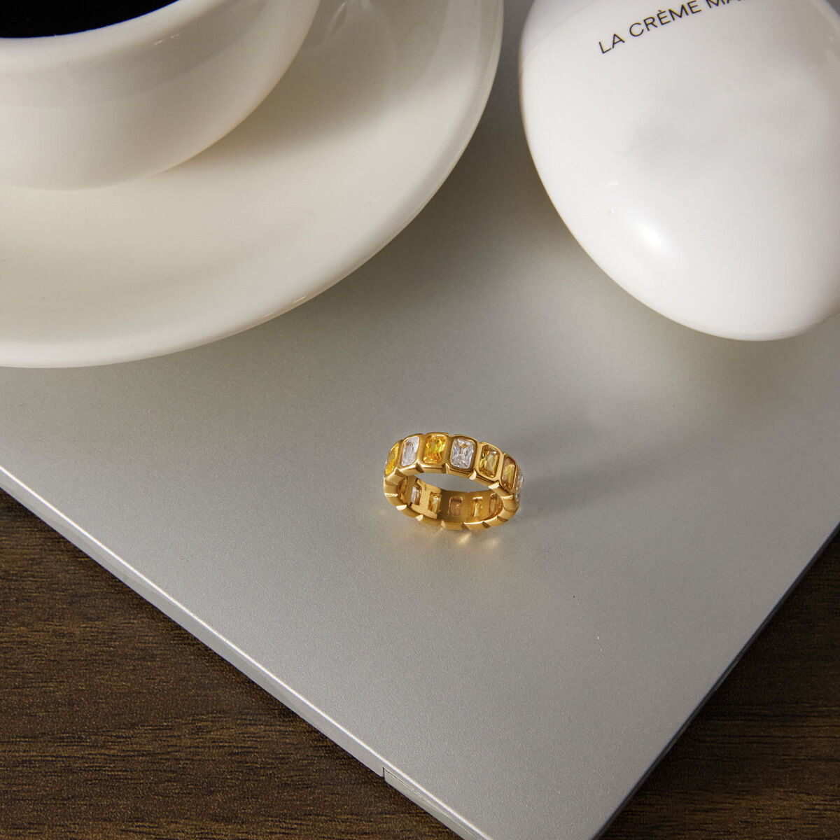 Luxurious  Elegant Hollowed-Out Stainless Steel Waterproof   Gold Color  Zircon Women's Gemstone Rings Picture3