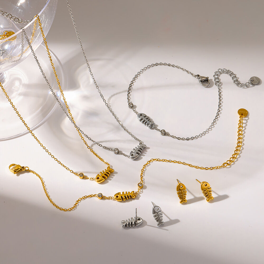 Simple Series Daily Oceanic Style Fish Stainless Steel Waterproof   Gold Color  Women's Jewelry Sets