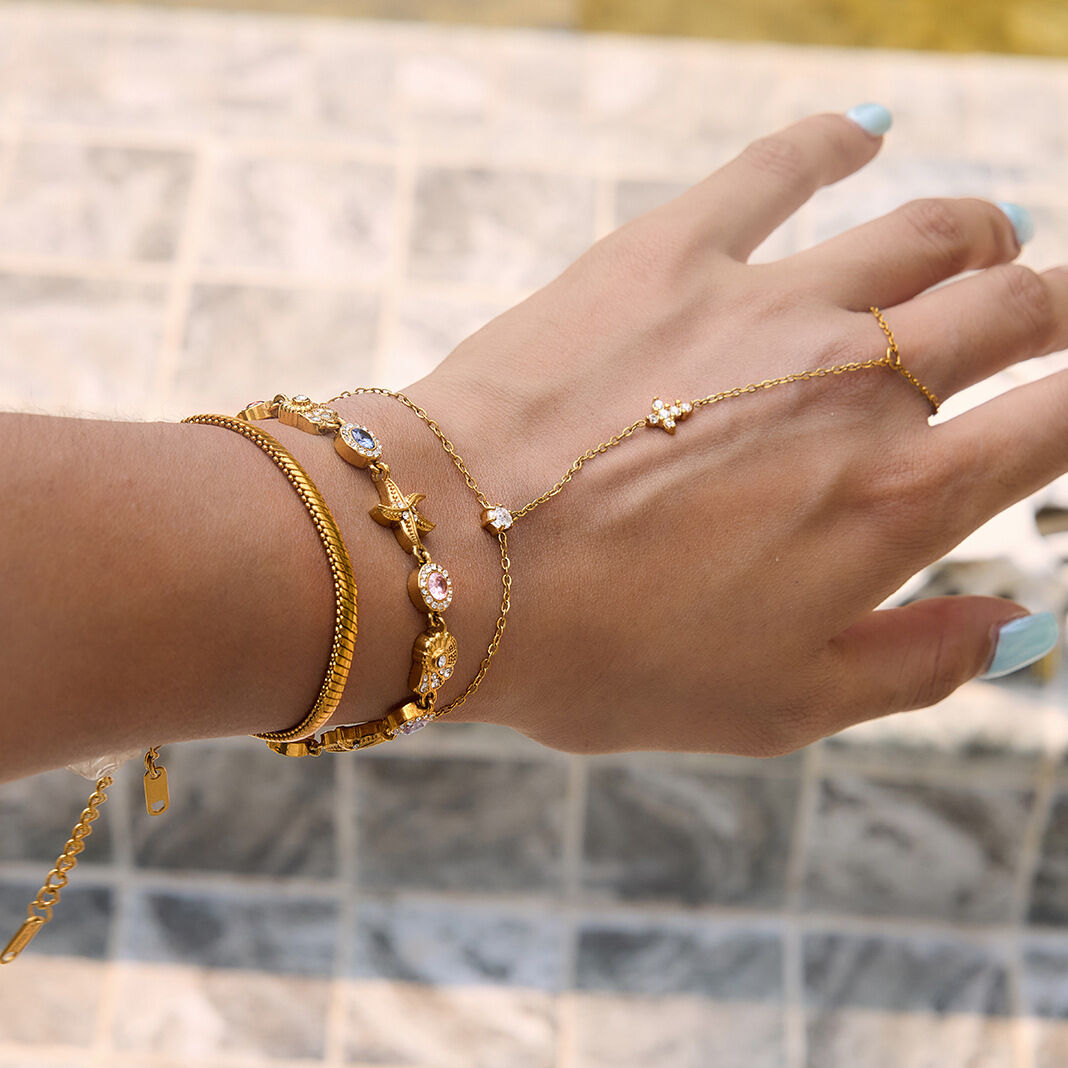 Luxurious Sweet Chain Shell Starfish Stainless Steel Waterproof   Gold Color  Zircon Women's Chain Bracelets h5 Picture3