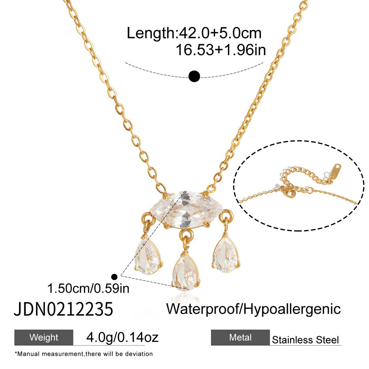 Luxuriöse, elegante, tropfenförmige Halskette mit Zirkonia-Anhänger in Goldfarbe aus wasserdichtem Edelstahl h5