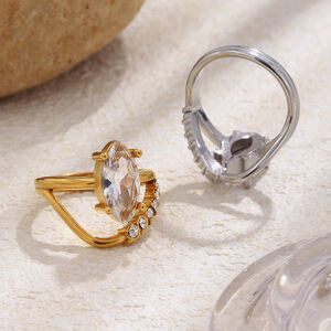Lussuosi anelli da donna in acciaio inossidabile color oro con zirconi, forma irregolare a goccia, impermeabili. h5 Immagine3