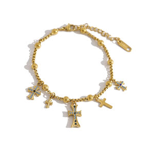 Retro Cross Shape Stainless Steel Waterproof Gold Color Rhinestone Women's Charm Bracelets h5 Picture5