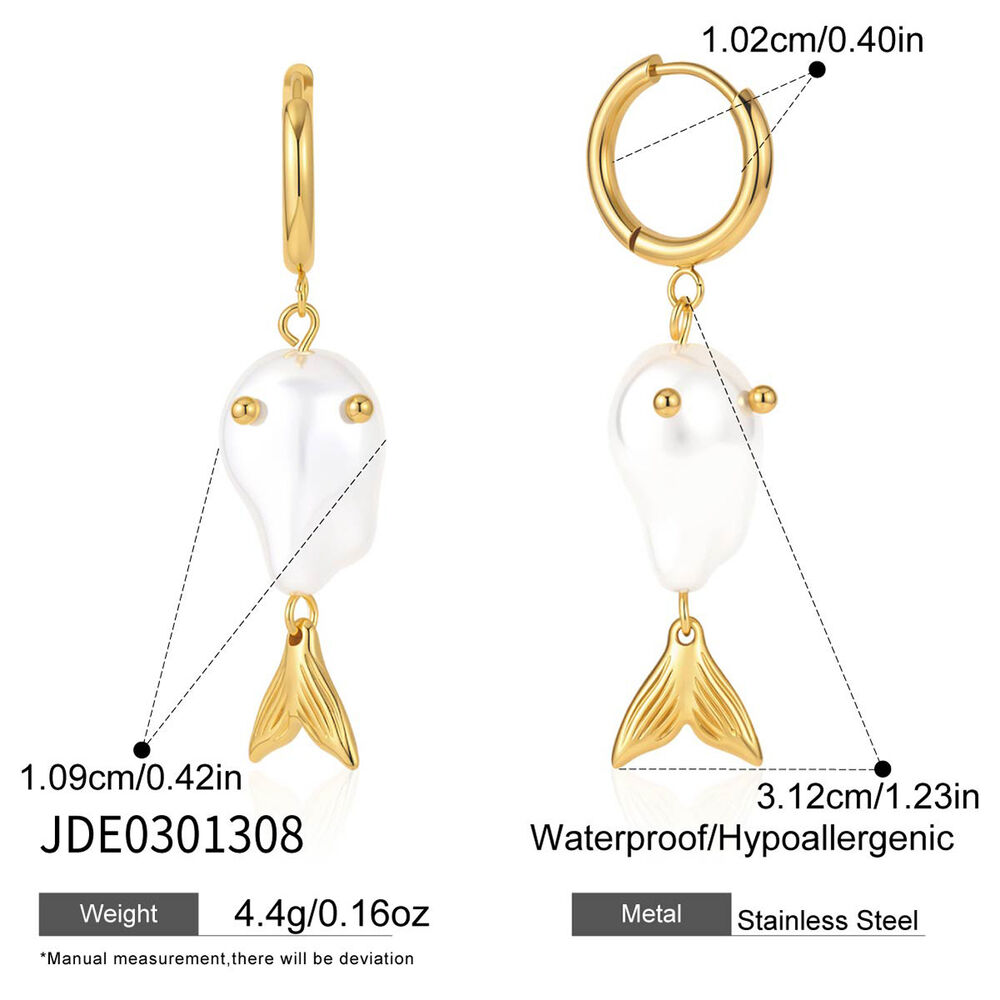 Oceanic Style Fish Shape Stainless Steel Waterproof Gold Color Pearl Women's Drop Earrings