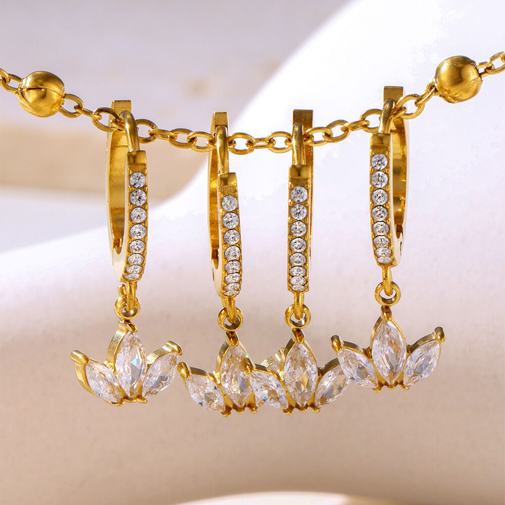 Flower Stainless Steel Waterproof Gold Color Zircon Women's Drop Earrings Picture3