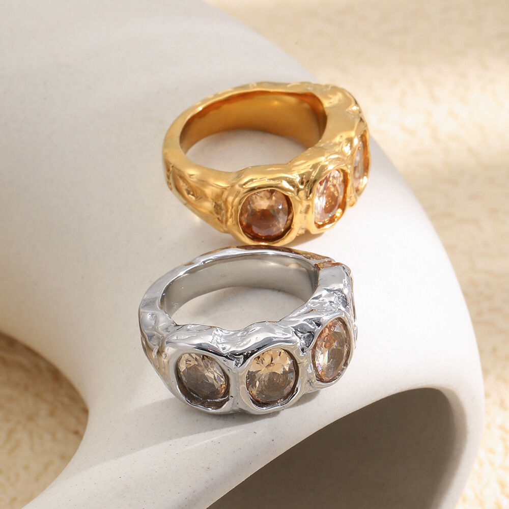Luxurious Series Elegant Thread Stainless Steel Waterproof   Gold Color  Women's Gemstone Rings 2
