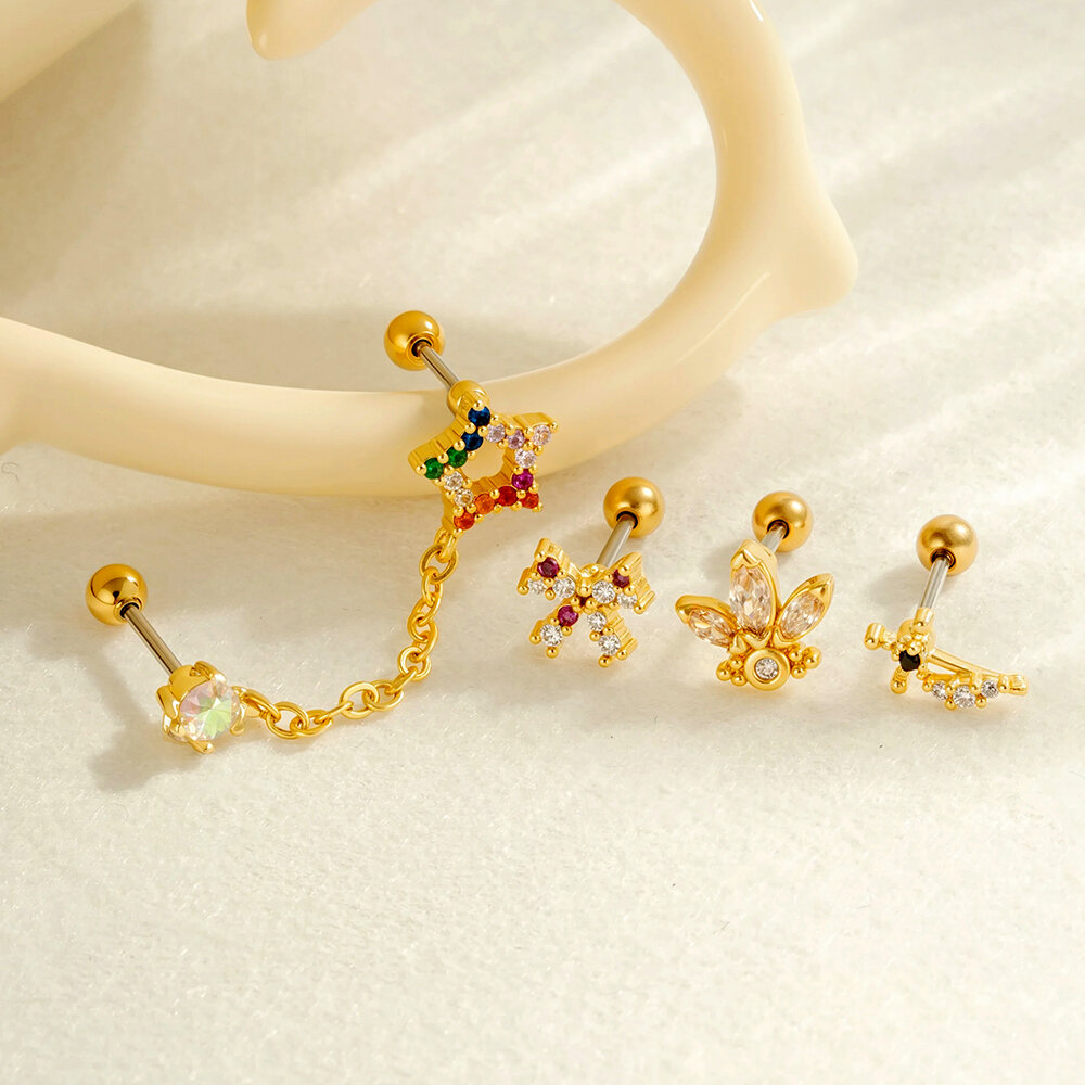 Simple Series Herz-Schleifen-Stern-Ohrringe in Kupfer-Gold-Farbe mit Zirkonia für Damen – Piercing-Ohrringe für Damen h5Bild4
