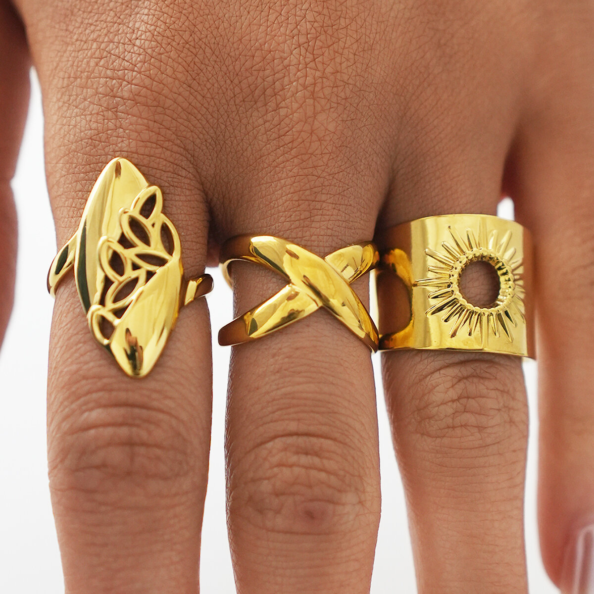 Retro Daily Leaf Circle Lines roestvrijstalen waterdichte statement ringen in goudkleur Afbeelding4