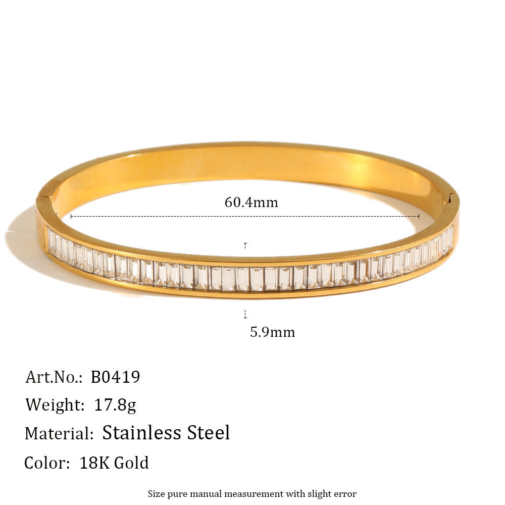 Simple Heart Rectangle Stainless Steel Waterproof Gold Color Zircon Women's Bangles h5