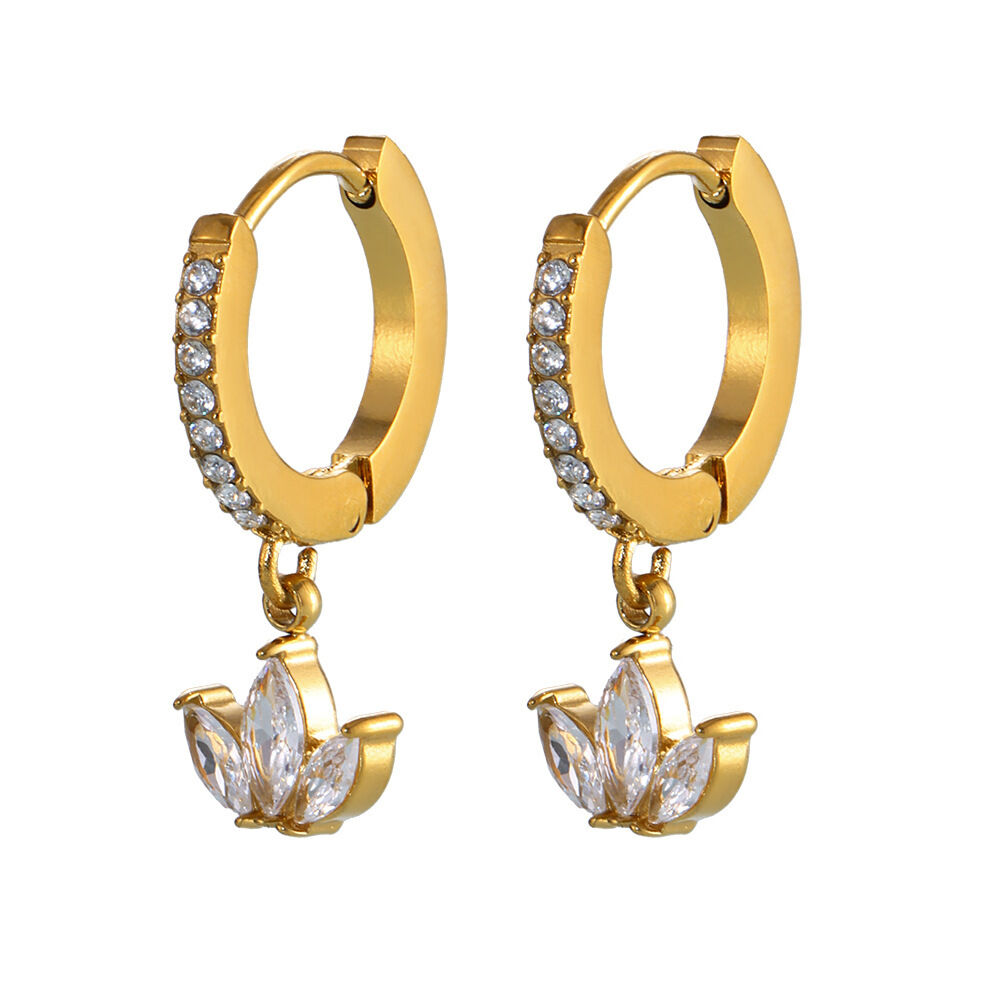 Flower Stainless Steel Waterproof Gold Color Zircon Women's Drop Earrings h5 Picture4