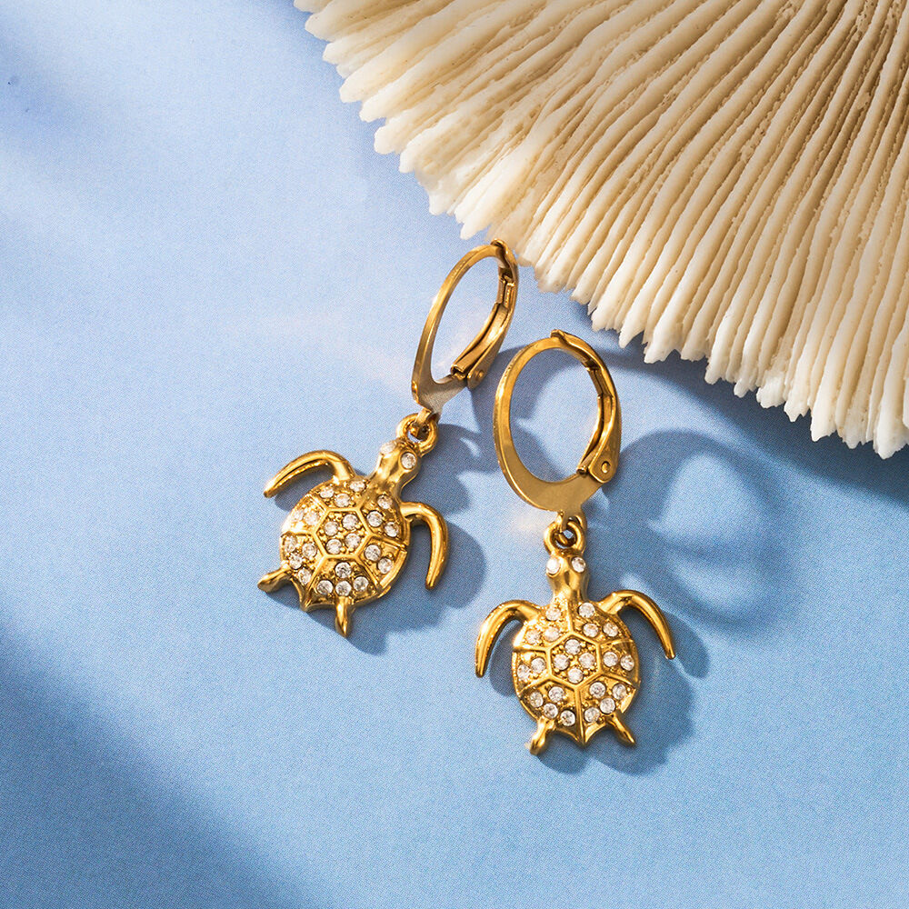 Cute Turtle Oceanic Style Stainless Steel Waterproof Gold Color Zircon Women's Drop Earrings Picture2