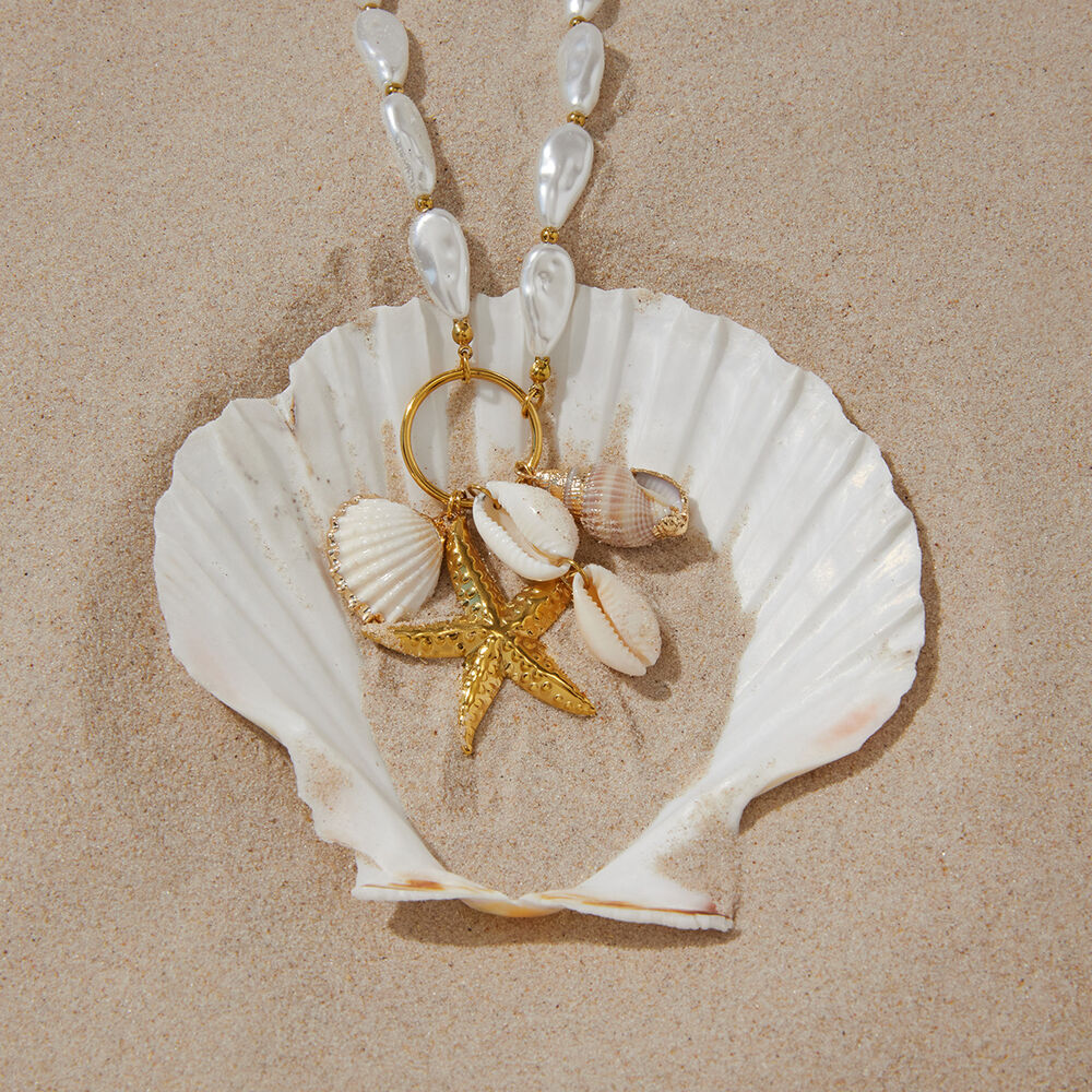 Vacation Shell Starfish Stainless Steel Waterproof Gold Color Artificial Pearl Women's Beaded Necklaces Picture4