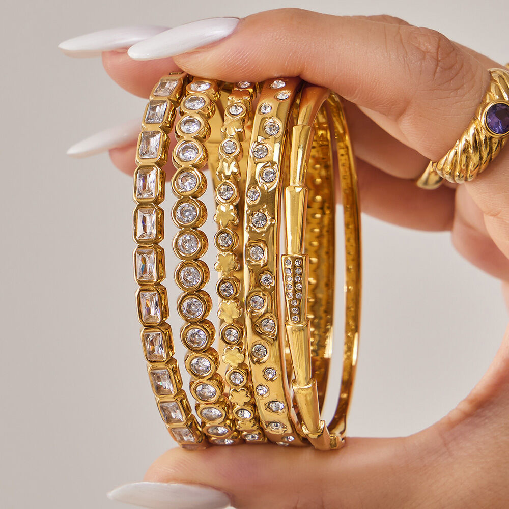 Classic Rectangle Stainless Steel Waterproof Gold Color Zircon Women's Bangles Picture3