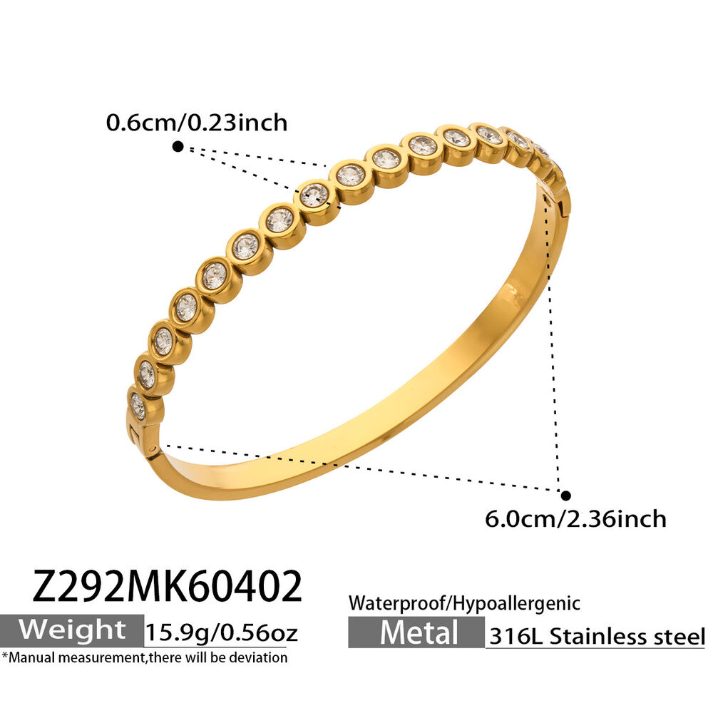 Classic Rectangle Stainless Steel Waterproof Gold Color Zircon Women's Bangles
