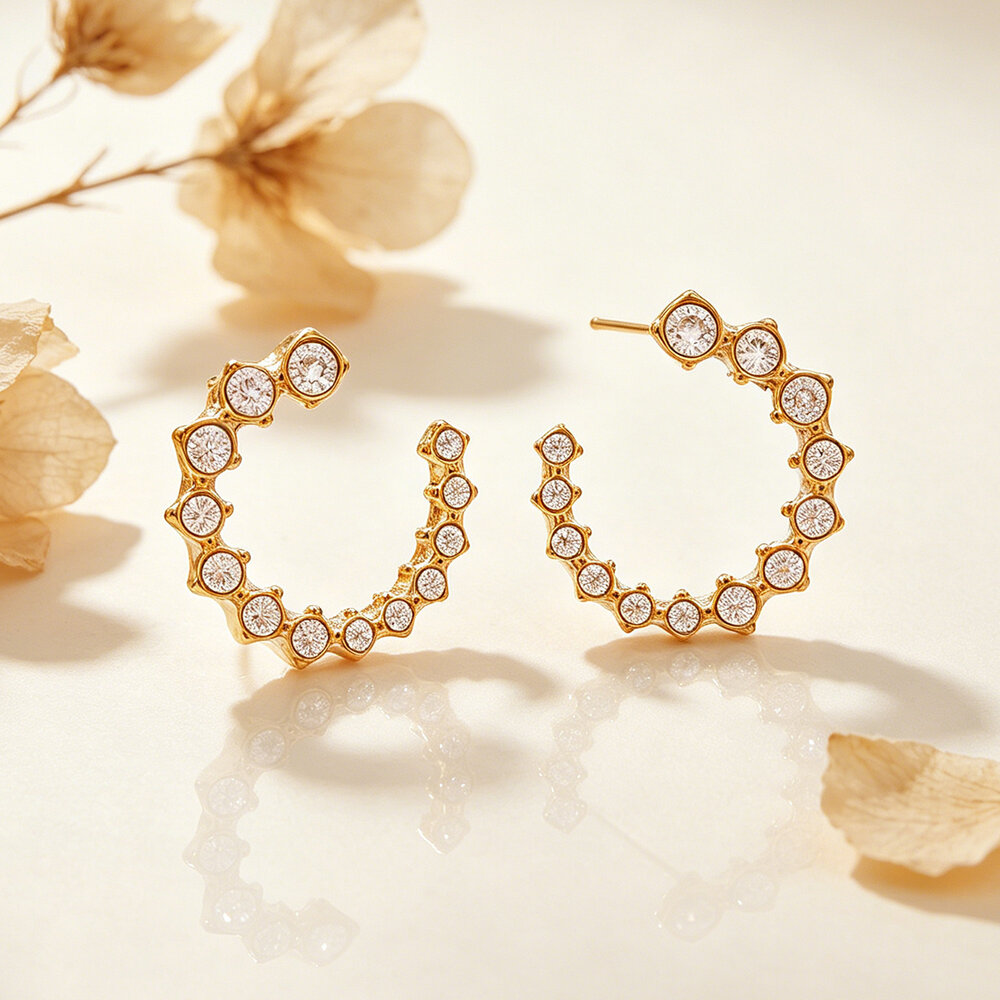 Simple Series Daily Irregular Shape Circle Stainless Steel Waterproof Gold Color Rhinestone Women's Stud Earrings h5Picture4