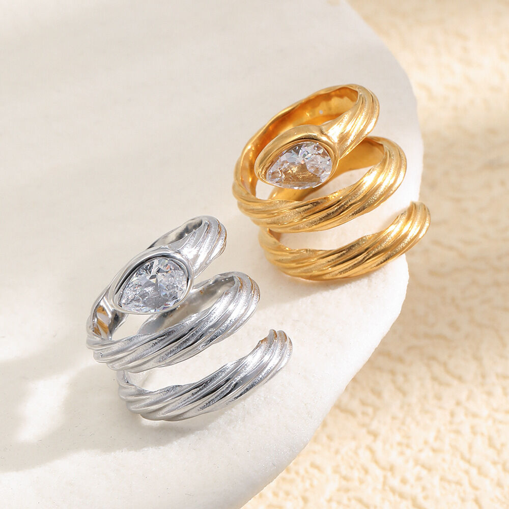 Luxurious Series Daily Irregular Shape Stainless Steel Waterproof   Gold Color  Women's Gemstone Rings