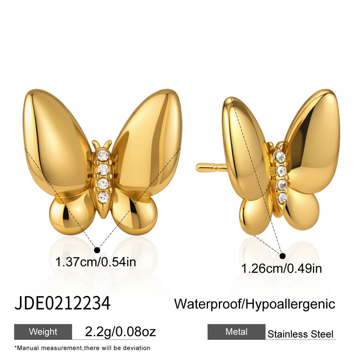 Sweet Butterfly Stainless Steel Waterproof Gold Color Zircon Women's Earring Sets 