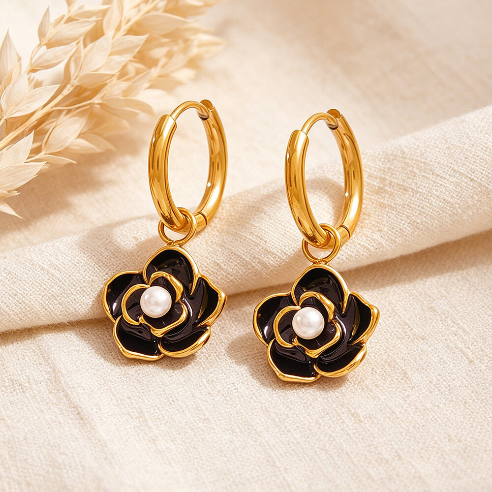 Simple Series Daily Flower Stainless Steel Waterproof Gold Color Women's Hoop Earrings Picture4