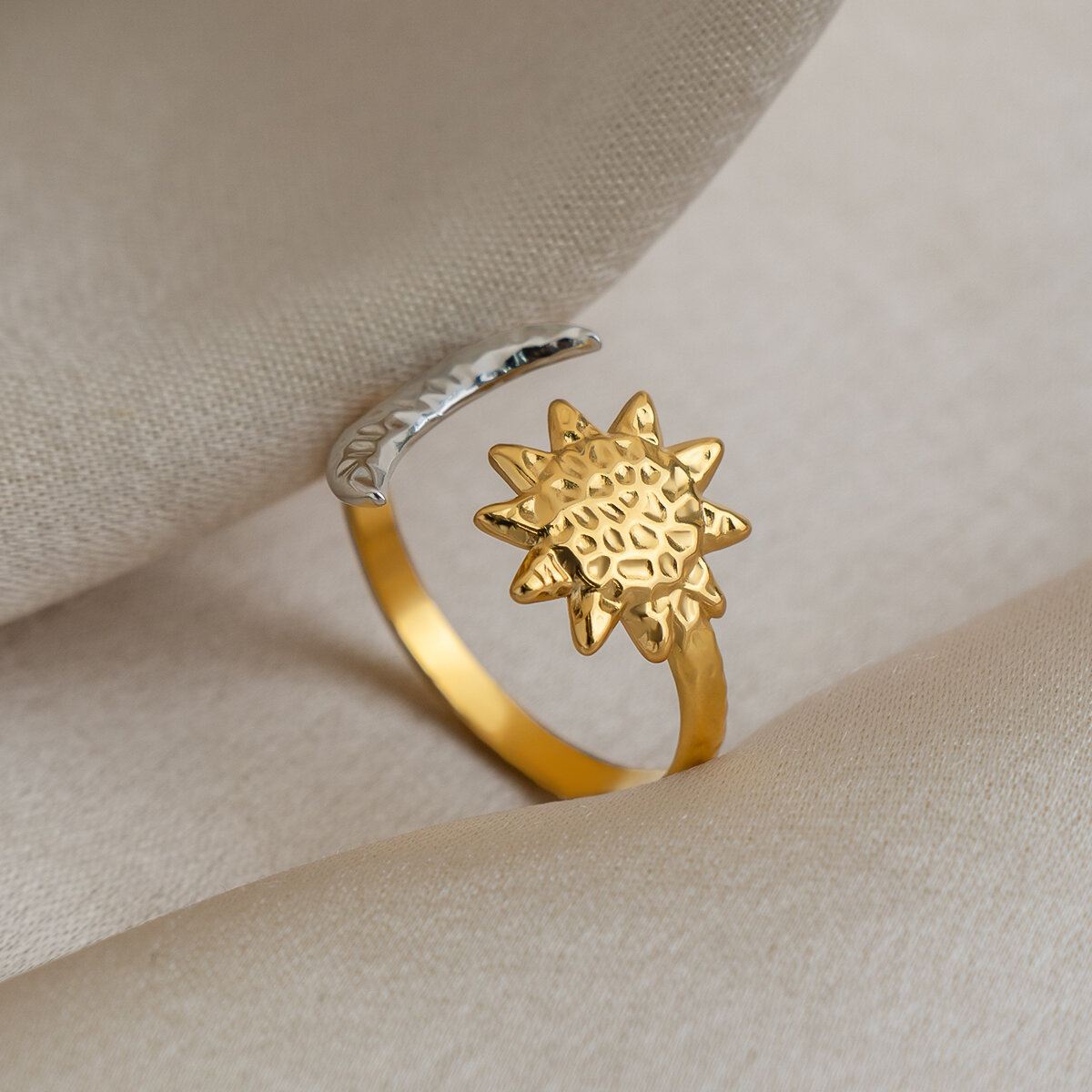 Retro Sun Moon Stainless Steel Waterproof Gold Colo Statement Rings h5 Picture6