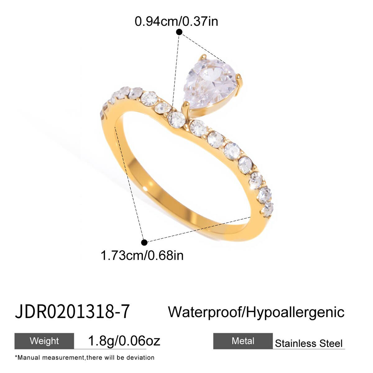 Luxurious Simple Droplet Stainless Steel Waterproof   Gold Color  Zircon Women's Gemstone Rings 