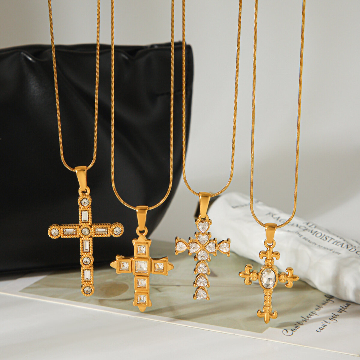 Simple Series Daily Cross Stainless Steel Waterproof   Gold Color  Zircon Women's Pendant Necklaces h5 Picture7