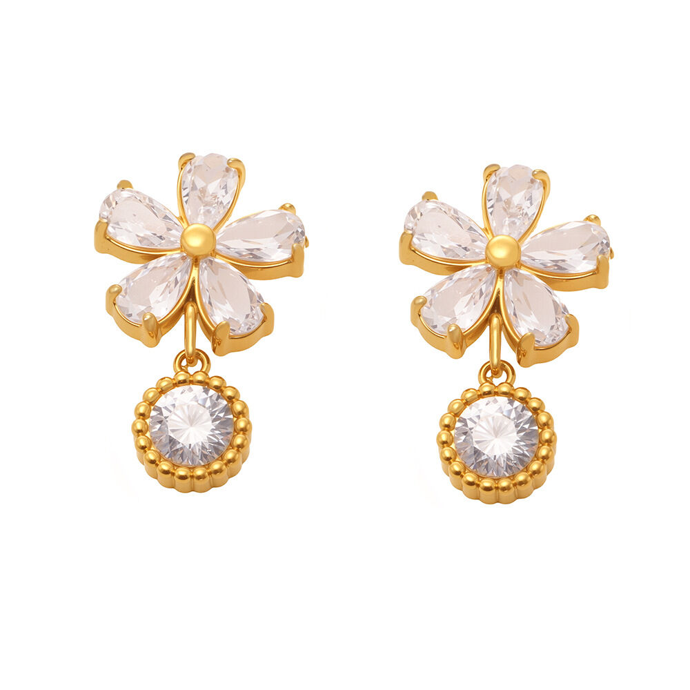 Sweet Flower Stainless Steel Waterproof Gold Color Zircon Women's Drop Earrings h5 Picture5