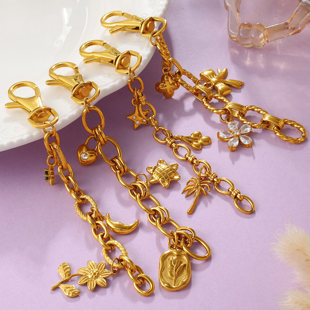 Flower Star Stainless Steel Gold Color Zircon Keychain