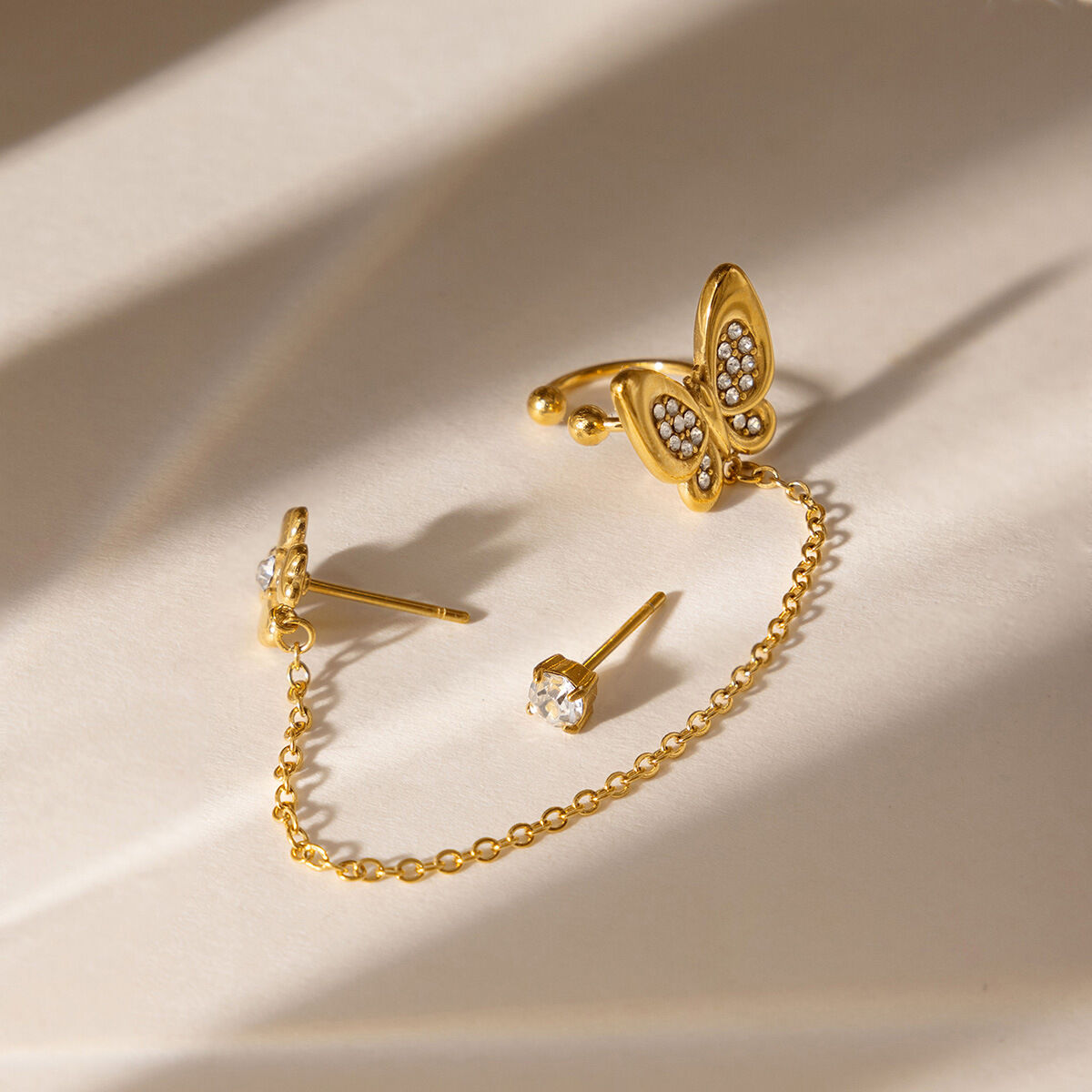 Sweet Tassel Butterfly Stainless Steel Waterproof Gold Color Zircon Women's Earring Sets Picture4