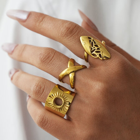 Retro Daily Leaf Circle Lines Stainless Steel Waterproof Gold Color Statement Rings 2