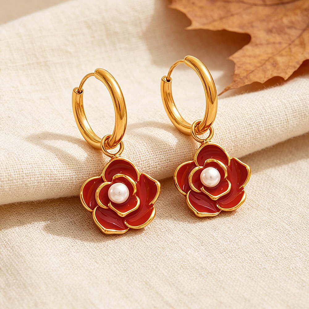 Simple Series Daily Flower Stainless Steel Waterproof Gold Color Women's Hoop Earrings h5Picture5