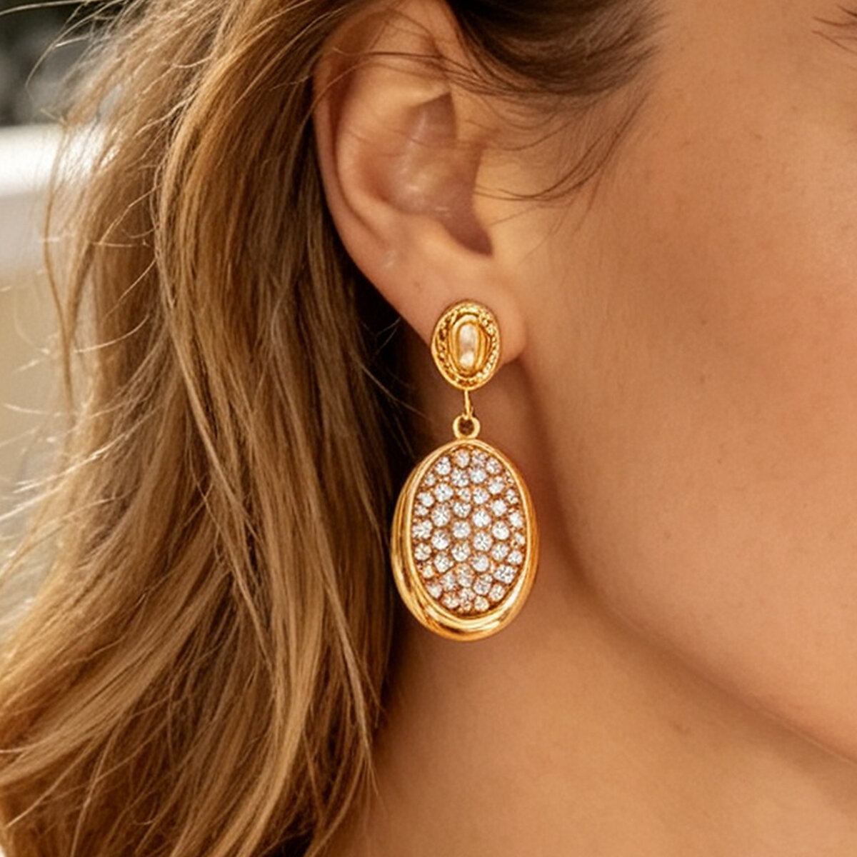 Simple Daily Irregular Shape Circle Stainless Steel Waterproof   Gold Color  Rhinestone Stud Earrings