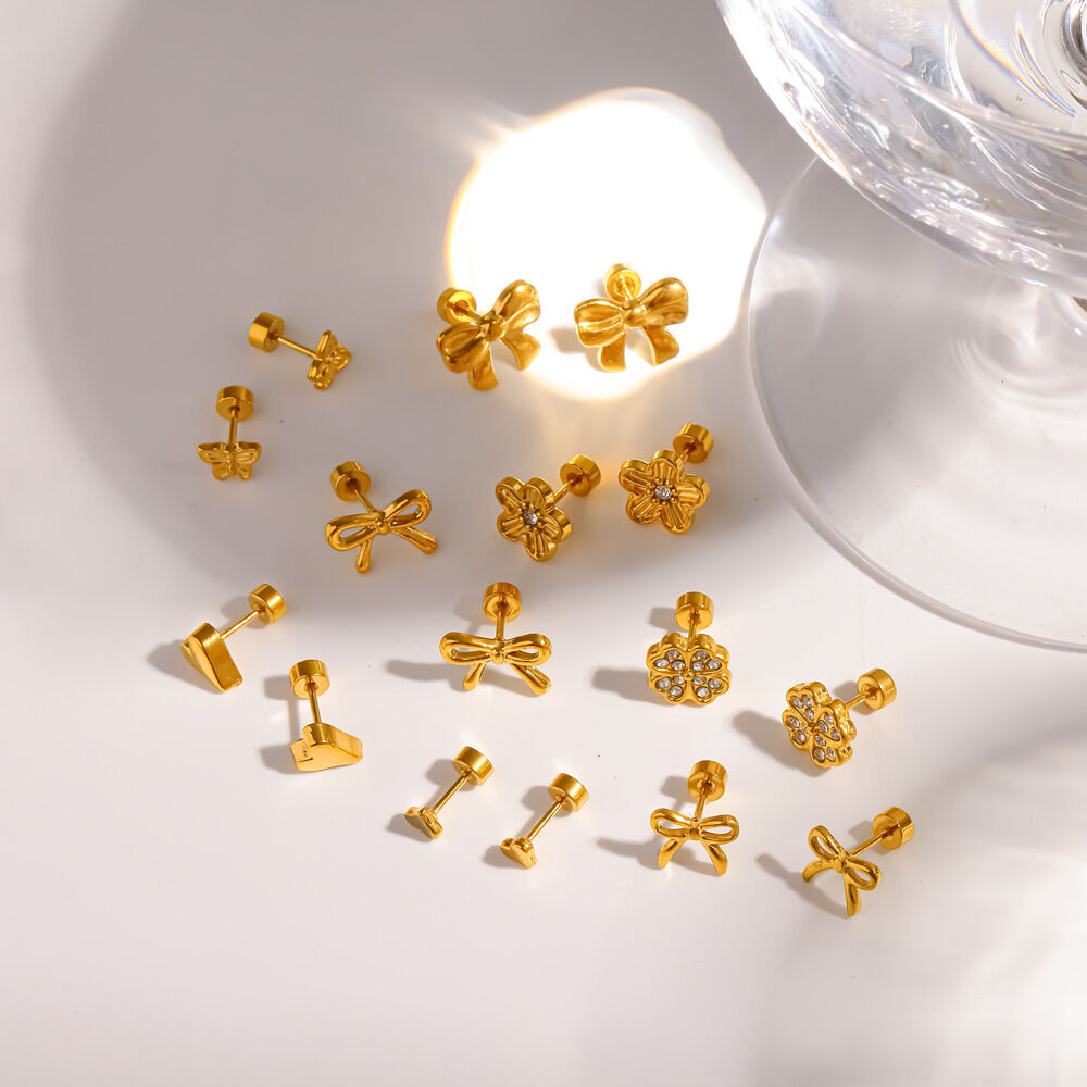 Boucles d'oreilles puces pour femmes, en acier inoxydable étanche, couleur or, ornées de strass, en forme de nœud papillon. h5Image3