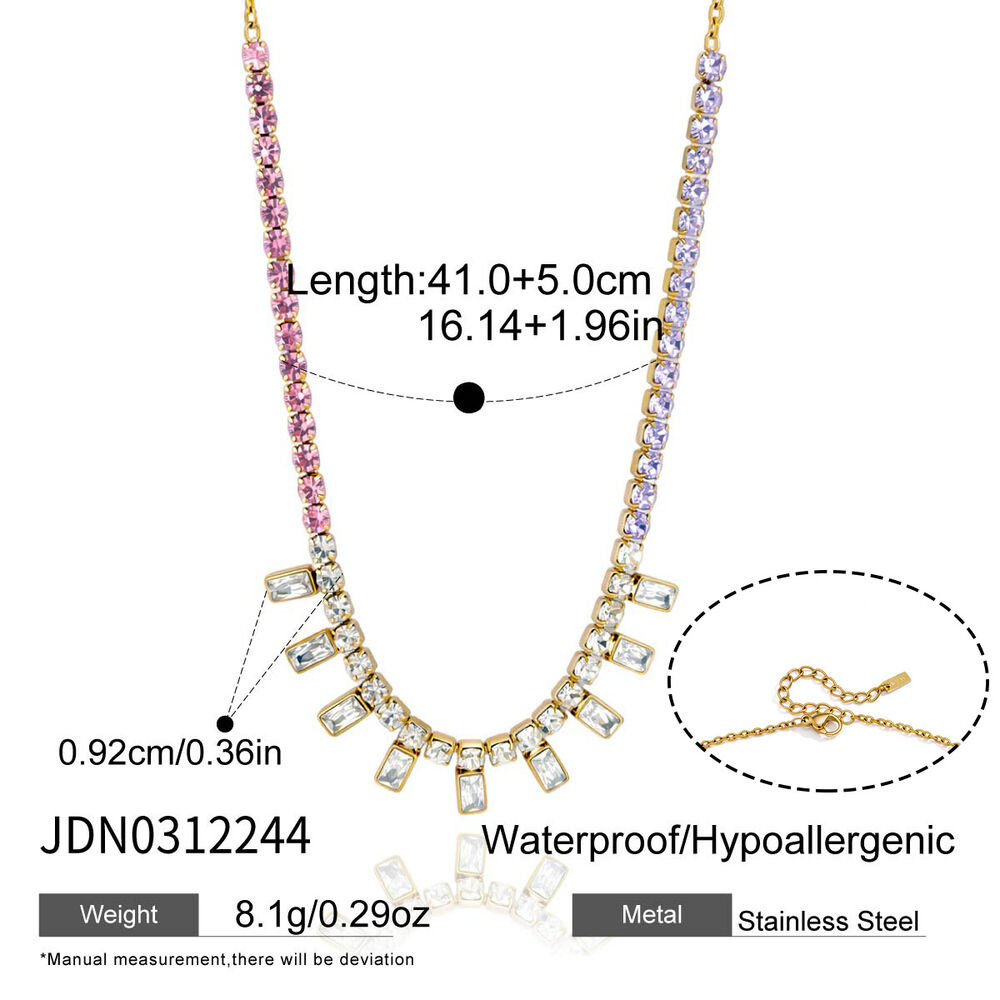 Luxurious Rectangle Stainless Steel Waterproof Gold Color Zircon Women's Pendant Necklaces