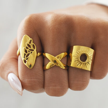 Retro Daily Leaf Circle Lines Stainless Steel Waterproof Gold Color Statement Rings