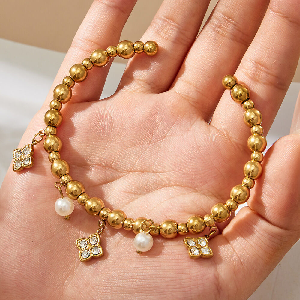 Elegant Flower Stainless Steel Waterproof Gold Color Zircon Women's Cuff Bracelets h5Picture3