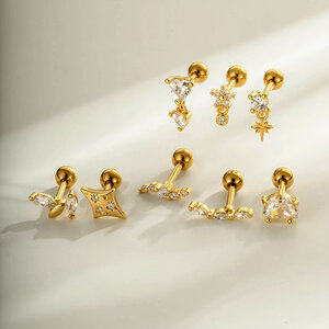 Orecchini da piercing da donna semplici a forma di fiore e cuore, color rame e oro, con zirconi. h5 Immagine5