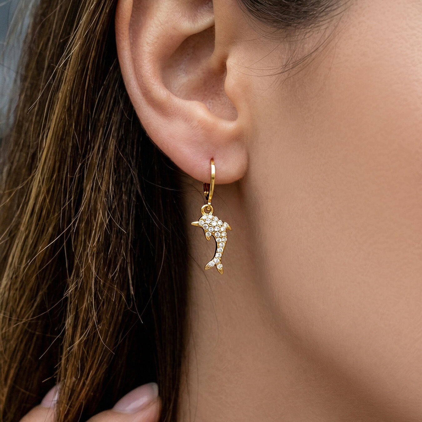 Cute Dolphin Oceanic Style Stainless Steel Waterproof Gold Color Zircon Women's Drop Earrings Picture3
